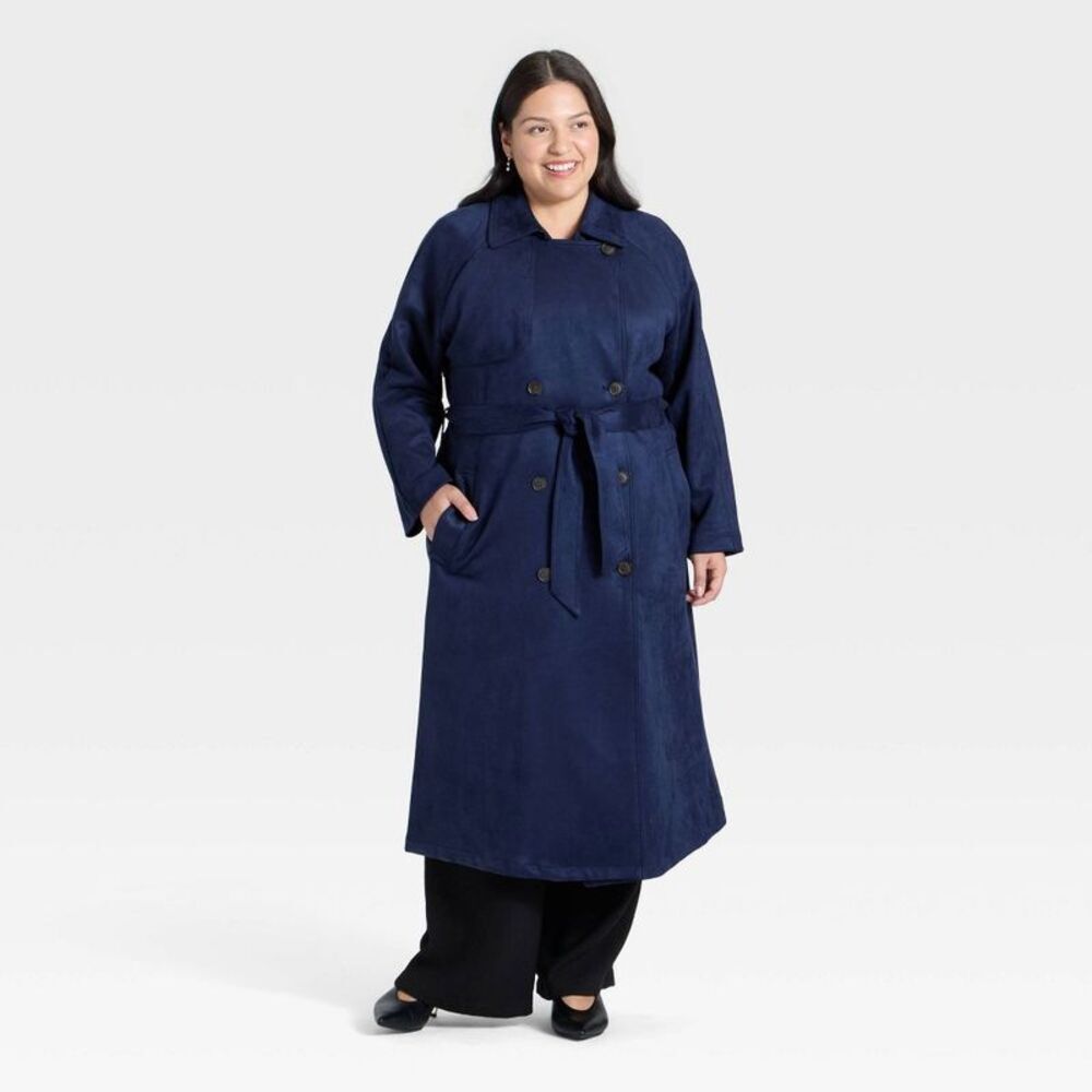 Women's Faux Suede Trench - A New Day Navy 3X